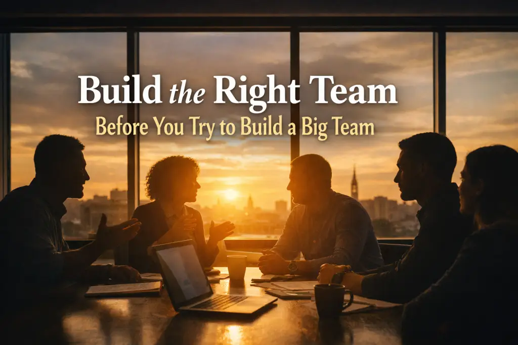 Group of professionals discussing teamwork and leadership strategies, with the text "Build the Right Team Before You Try to Build a Big Team" overlaid, set against a sunset background in a business meeting context.