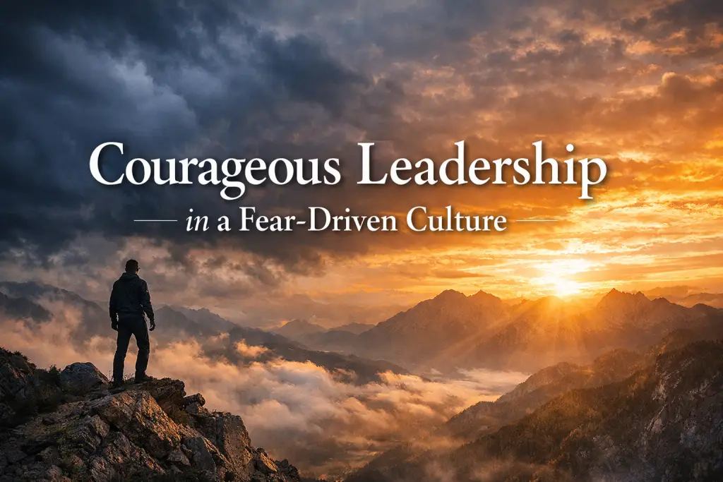 Courageous leadership in a fear-driven culture, person standing on mountain peak at sunrise, dramatic sky and landscape.