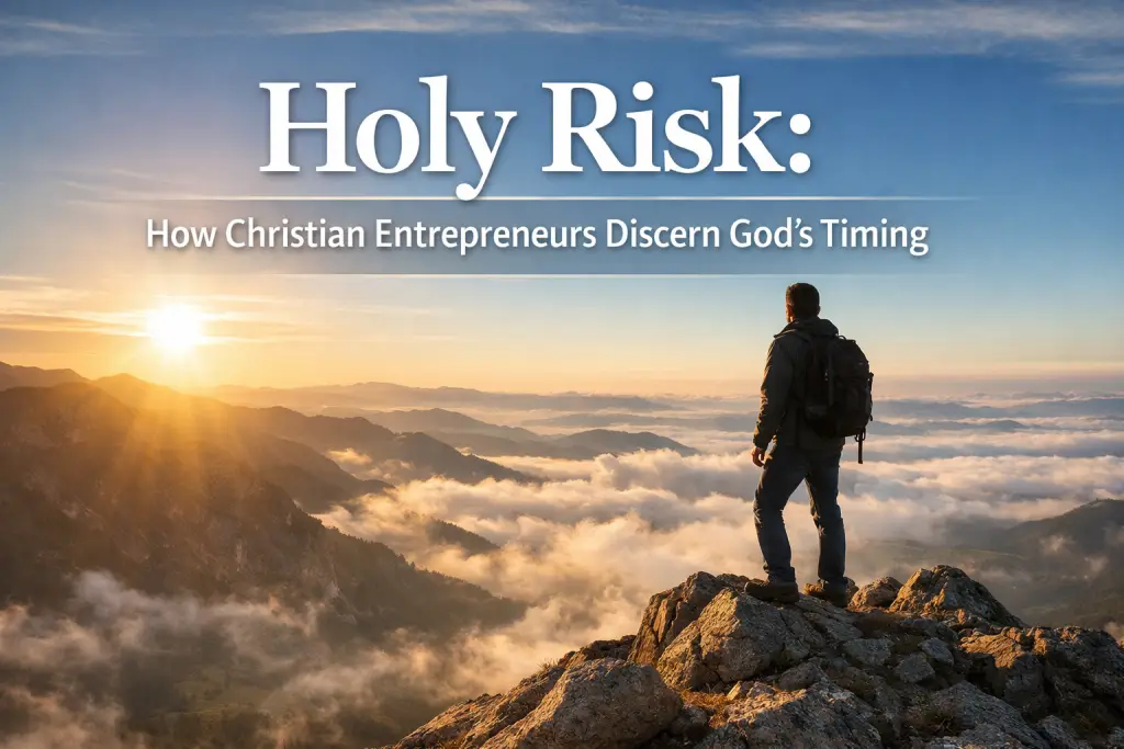 Christian entrepreneur standing on a mountain overlooking clouds at sunrise with the title &ldquo;Holy Risk: How Christian Entrepreneurs Discern God&rsquo;s Timing&rdquo; displayed.