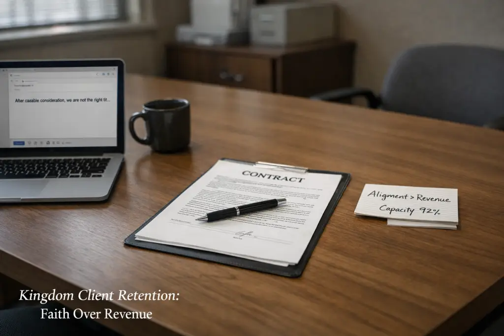 Laptop displaying email, coffee mug, contract on wooden desk, note reading "Alignment > Revenue, Capacity 92%," illustrating Kingdom client retention principles.