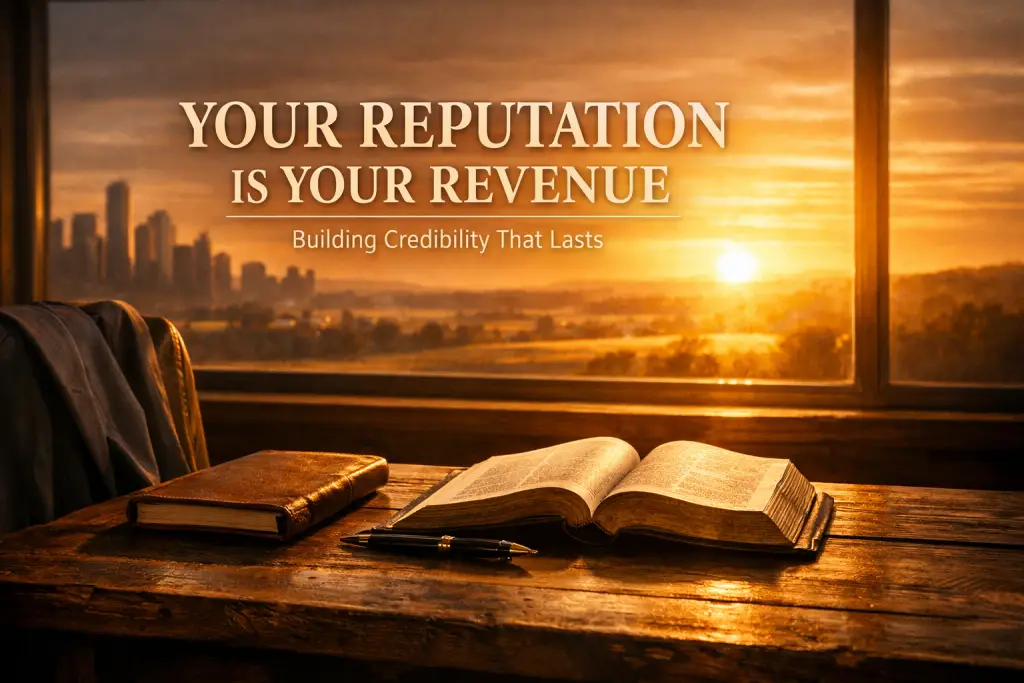Portrait-oriented cinematic image of a weathered wooden desk by a large window at sunrise, bathed in warm golden light. An open Bible, a leather-bound journal, and a fountain pen rest on the desk, with a suit jacket draped over a nearby chair. In the softly blurred background, a city skyline blends into a rural landscape. Overlaid text reads, &ldquo;YOUR REPUTATION IS YOUR REVENUE&rdquo; with the subtitle, &ldquo;Building Credibility That Lasts.&rdquo;