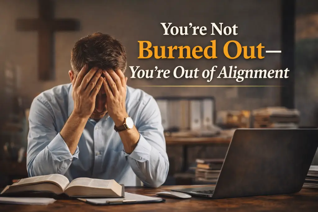 Burnout vs alignment concept showing leader overwhelmed by workload and misaligned purpose in business and leadership