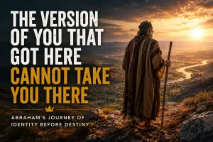 Abraham overlooking the promised land at sunrise, representing identity transformation, spiritual growth, leadership development, and destiny.