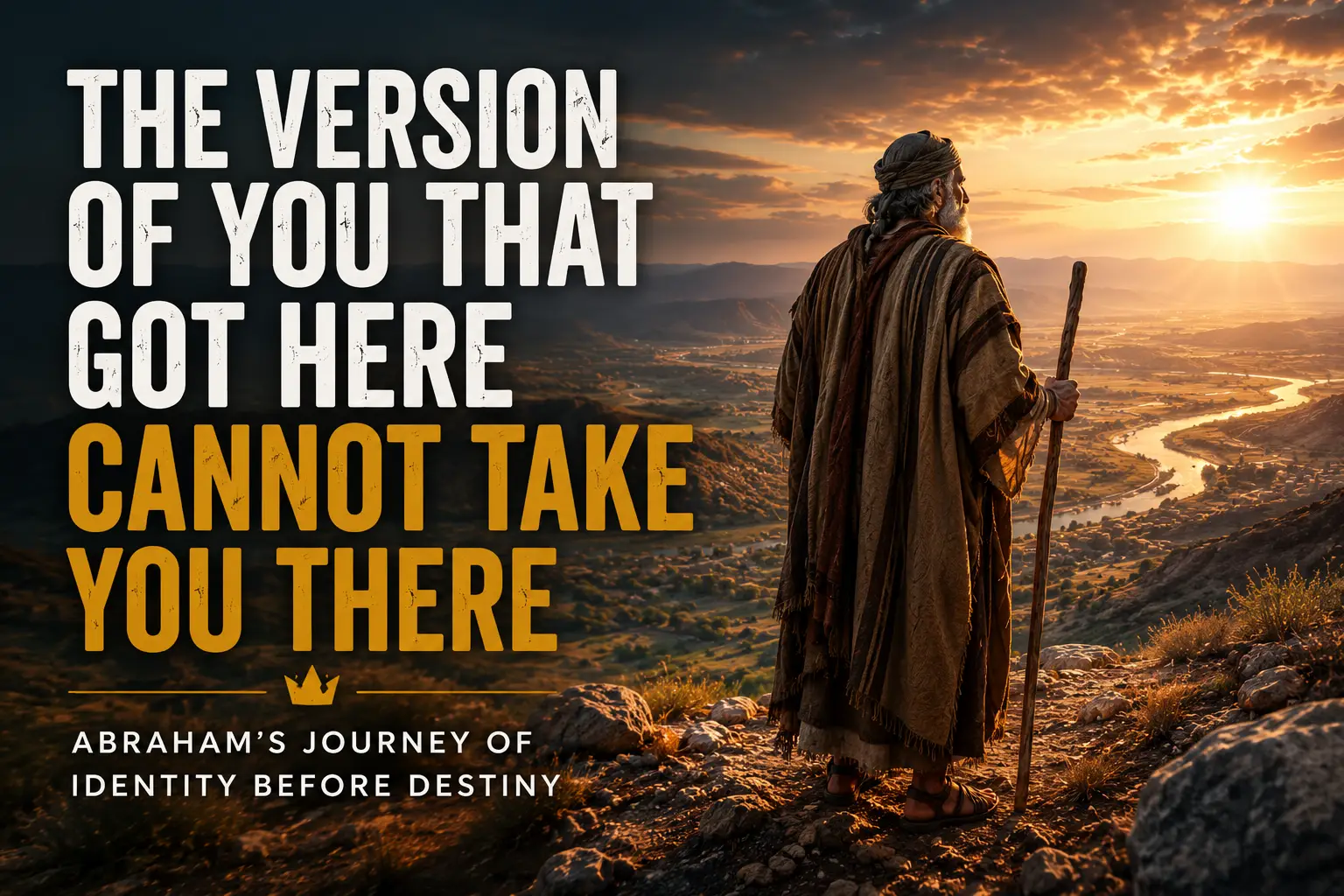Abraham overlooking a promised land at sunrise, symbolizing identity transformation before destiny