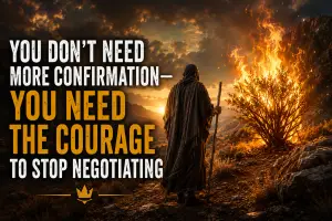 Moses standing before the burning bush at sunset in a rugged desert landscape, symbolizing courage, surrender, obedience, and the end of spiritual negotiation.