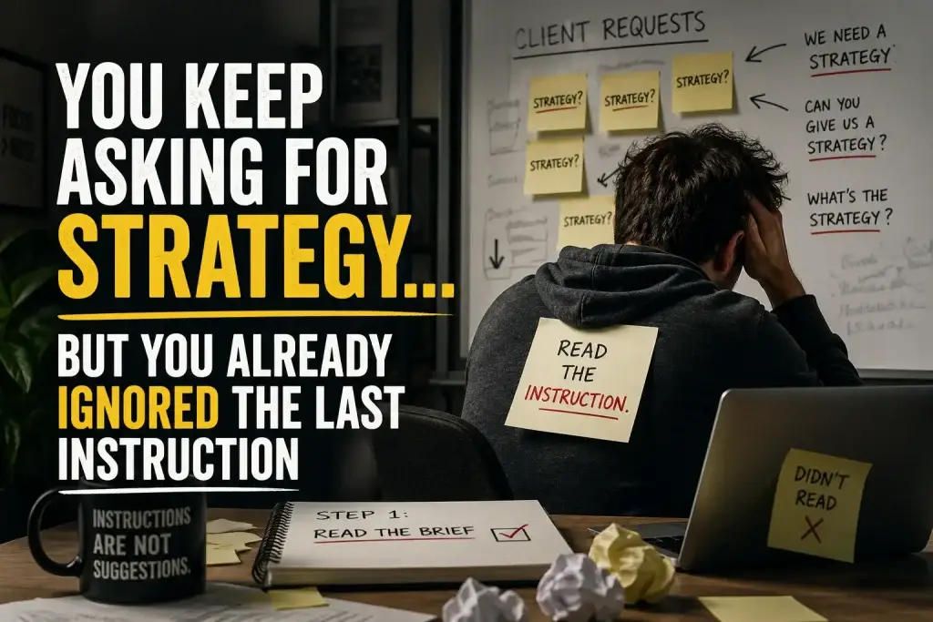 Person at a cluttered desk, head in hands, surrounded by sticky notes and a whiteboard full of 'STRATEGY?' questions; large bold text about strategy and following instructions is overlaid.
