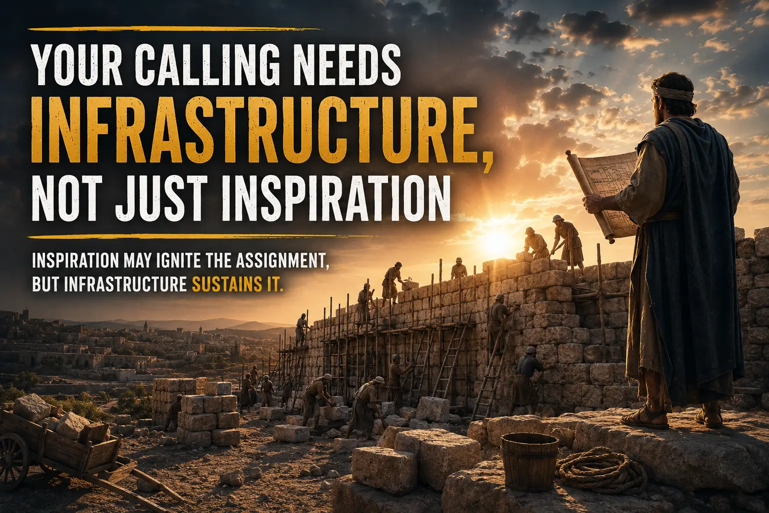 Workers rebuilding a stone wall at sunset, symbolizing Nehemiah, Kingdom infrastructure, systems, stewardship, and calling