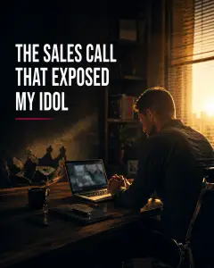 Reflective business leader seated at a laptop after a difficult sales call, with warm light through office blinds and a subtle broken crown symbolizing surrendered ambition.