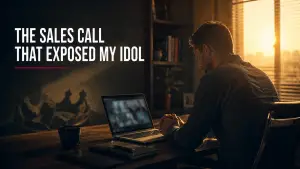 Reflective business leader seated at a laptop after a difficult sales call, with warm light through office blinds and a subtle broken crown symbolizing surrendered ambition.