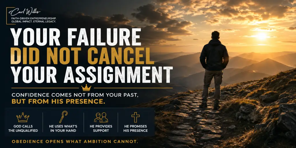 Your failure did not cancel your assignment&mdash;Christian leader standing on a mountain path at sunrise, symbolizing renewed confidence, God&rsquo;s presence, and obedience to His calling.