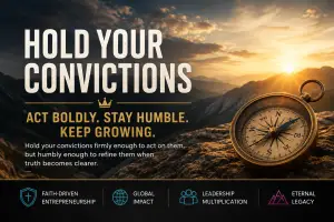 Hold Your Convictions | Carl Willis | Carl Willis Vintage brass compass on a rocky mountain overlook at sunrise with the text “Hold Your Convictions” and the message “Act boldly. Stay humble. Keep growing.”